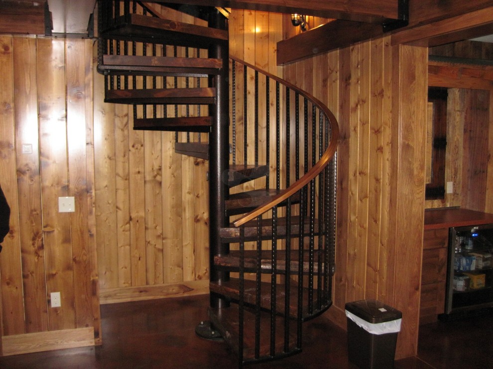 Photo of a medium sized rustic staircase in Minneapolis.