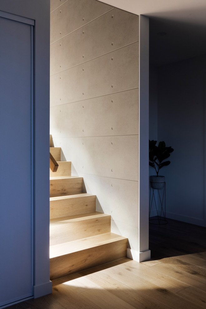 Gerade, Große Moderne Treppe mit Holz-Setzstufen und vertäfelten Wänden in Melbourne