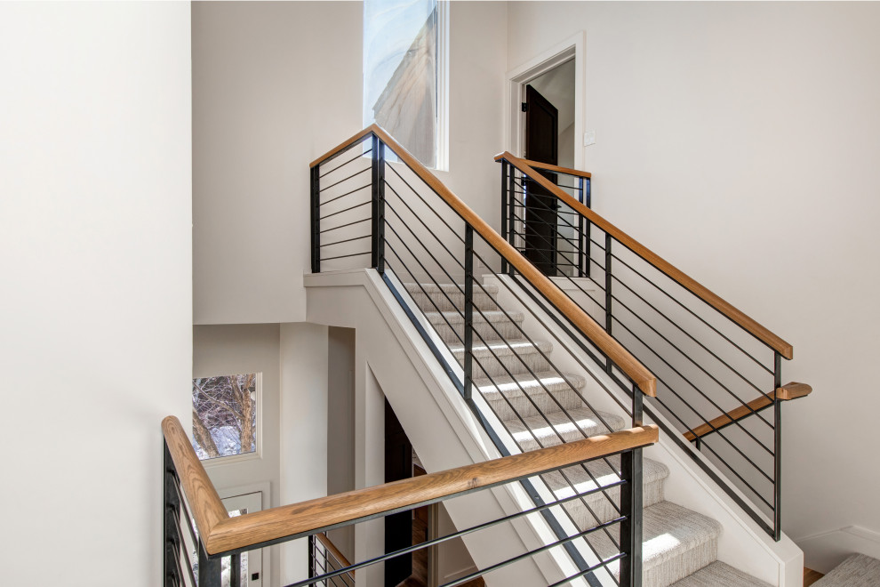 ソルトレイクシティにある高級な中くらいなミッドセンチュリースタイルのおしゃれな階段 (木の蹴込み板、金属の手すり) の写真