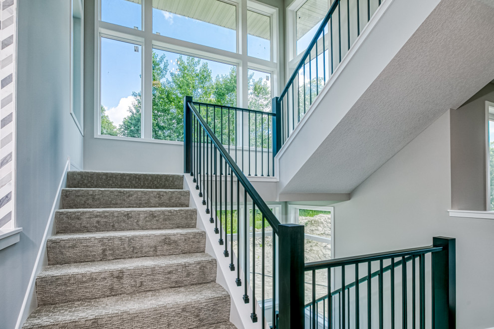 Schwebende, Große Moderne Treppe mit Teppich-Treppenstufen, Teppich-Setzstufen und Mix-Geländer in Minneapolis