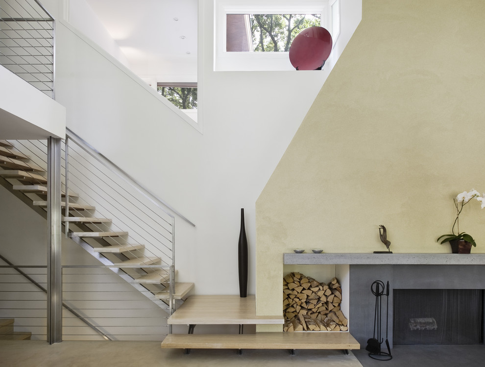 This is an example of a contemporary straight staircase in Boston with open risers.