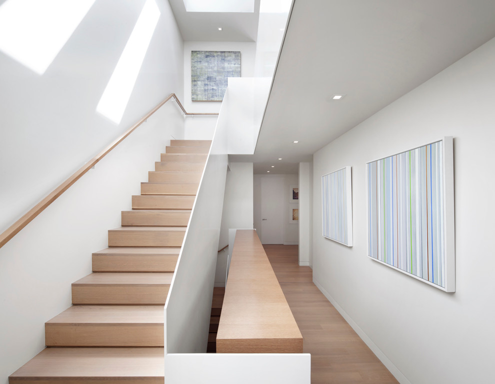 Example of a minimalist wooden staircase design in San Francisco with wooden risers