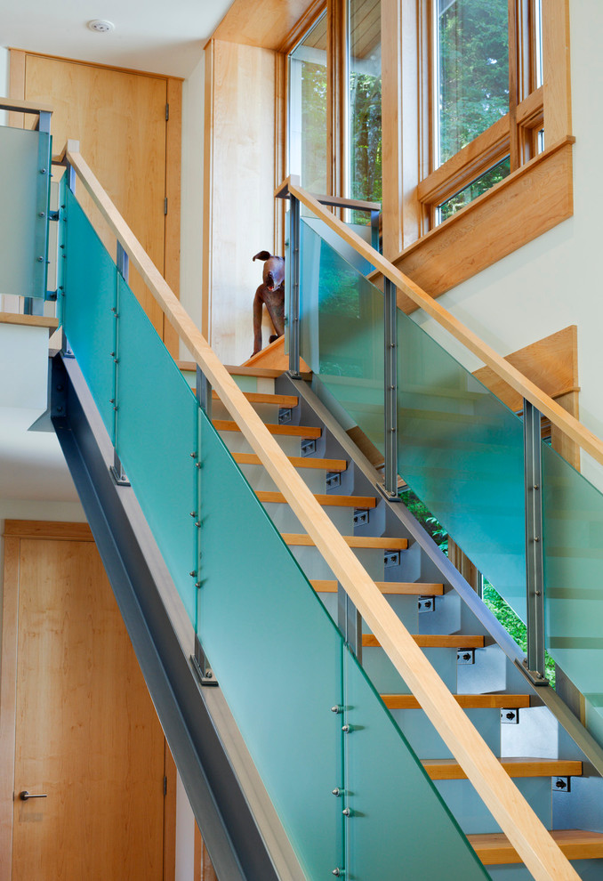 Modelo de escalera recta contemporánea con escalones de madera y contrahuellas de vidrio