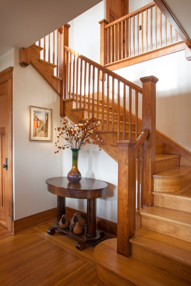 Mid-sized arts and crafts wooden u-shaped staircase photo in Seattle with wooden risers