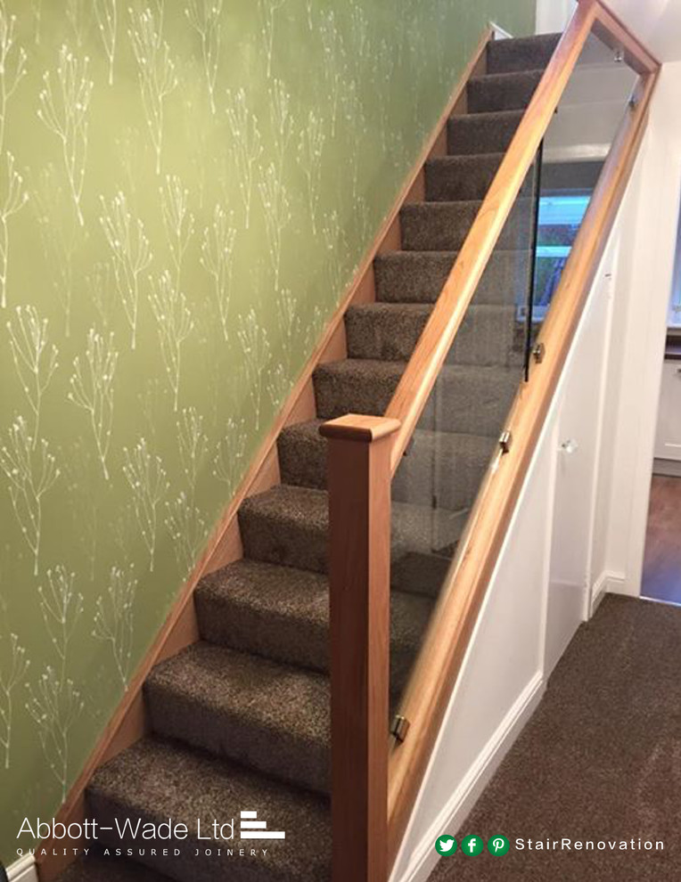 Staircase - small contemporary carpeted straight staircase idea in Cheshire with carpeted risers