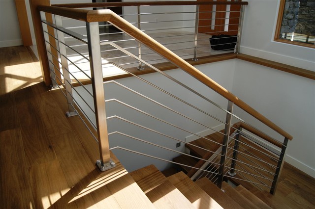 Oak & Stainless Steel Interior Railing - Contemporáneo - Escalera