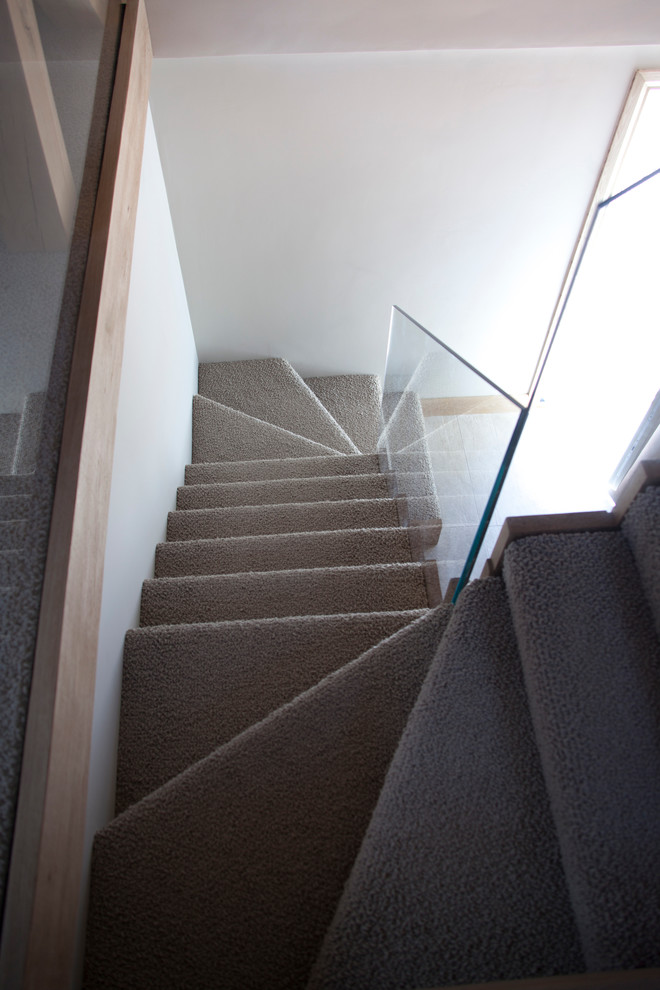 Exemple d'un escalier tendance en U de taille moyenne avec des marches en moquette et des contremarches en bois.