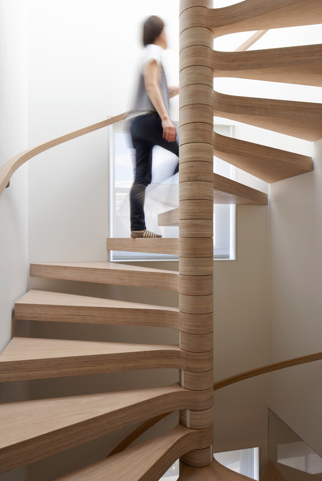 Inspiration for a medium sized contemporary wood spiral staircase in London with open risers.