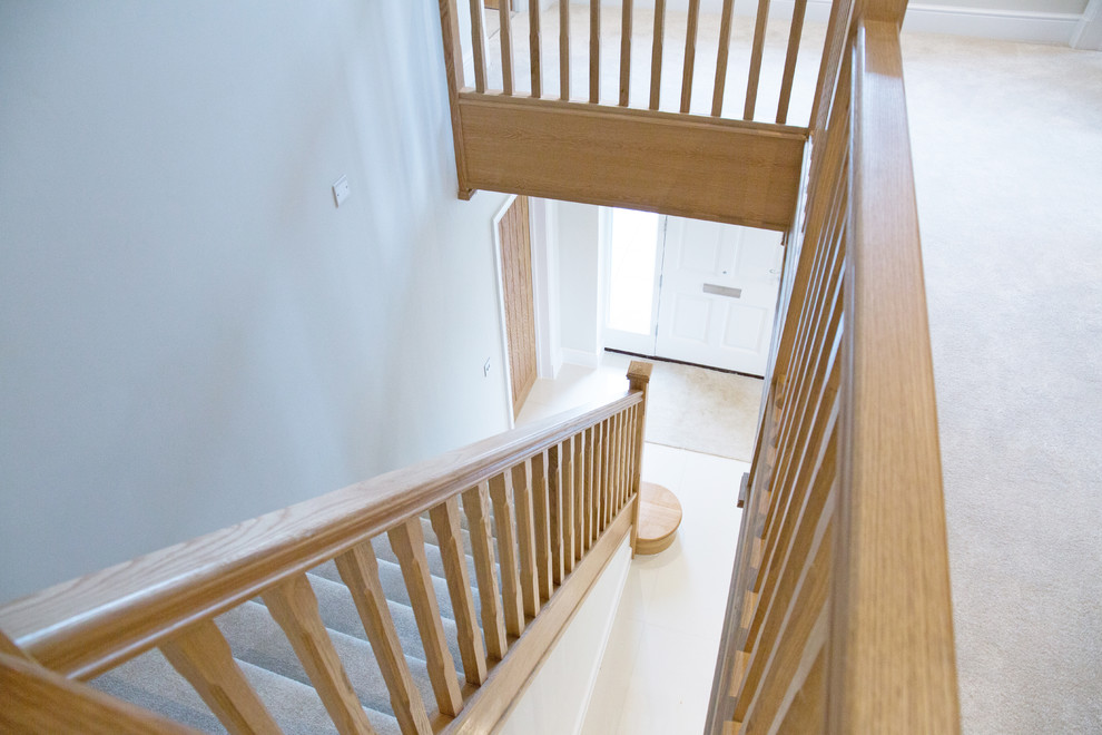 Источник вдохновения для домашнего уюта: прямая лестница в стиле модернизм с ступенями с ковровым покрытием и ковровыми подступенками