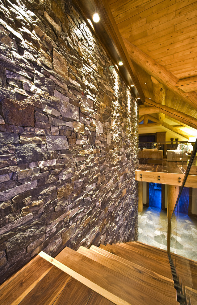Mountain style wooden straight staircase photo in Vancouver