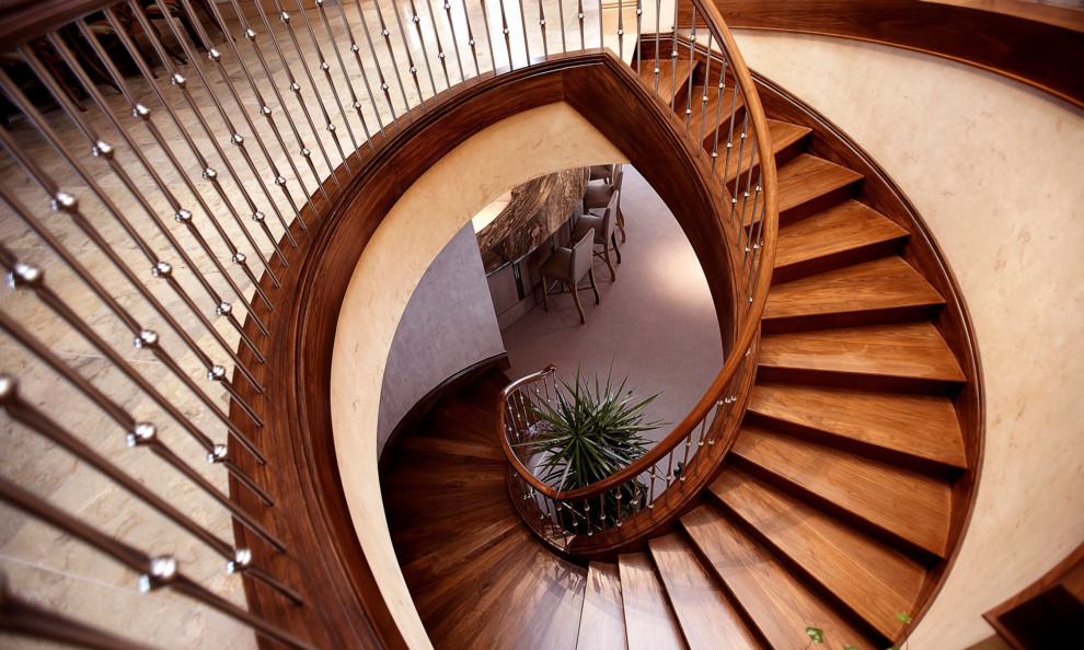 Exemple d'un grand escalier hélicoïdal chic avec des marches en bois, des contremarches en bois et un garde-corps en matériaux mixtes.