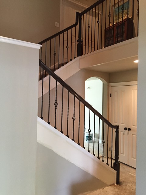 Over the post wood railing system w/ iron balusters - Traditional ...