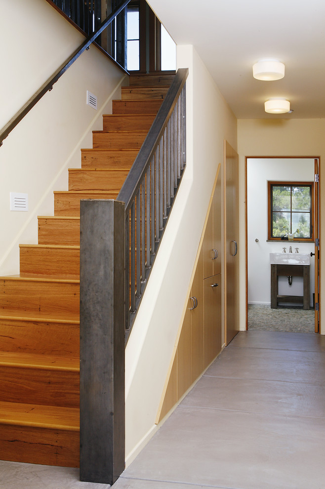 Idées déco pour un escalier droit contemporain de taille moyenne avec des marches en bois, des contremarches en bois, un garde-corps en métal, rangements et éclairage.