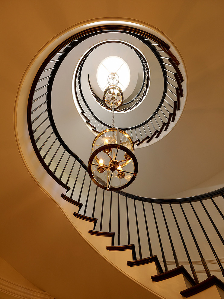 Imagen de escalera de caracol contemporánea extra grande con escalones de madera