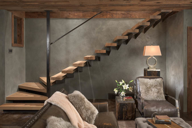 Diseño de escalera suspendida moderna de tamaño medio sin contrahuella con escalones de madera