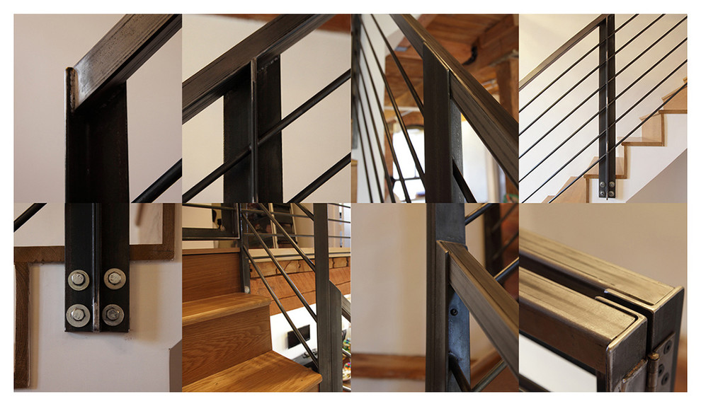 Modelo de escalera recta industrial con escalones de madera, contrahuellas de madera y barandilla de metal