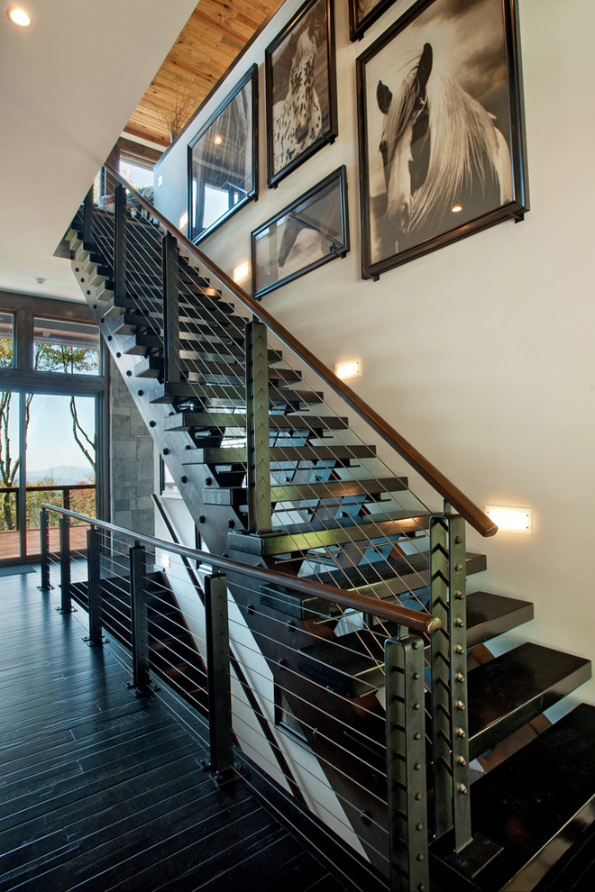 Cette image montre un grand escalier sans contremarche droit design avec des marches en bois.
