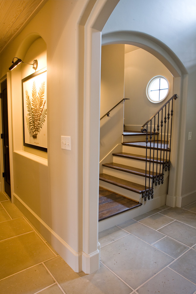 Mid-sized elegant wooden l-shaped staircase photo in Miami with painted risers