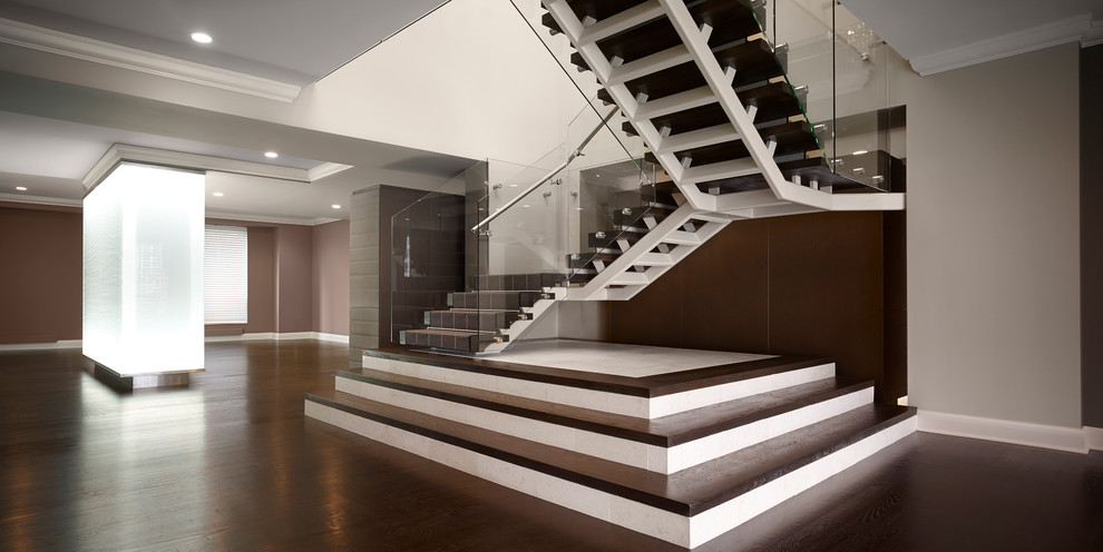 Staircase - modern wooden staircase idea in Chicago with wooden risers