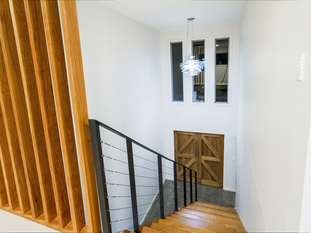 ブリスベンにある小さなコンテンポラリースタイルのおしゃれな階段 (ワイヤーの手すり) の写真