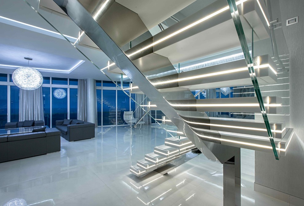 Schwebendes, Großes Modernes Treppengeländer Glas mit Acrylglas-Treppenstufen in Miami