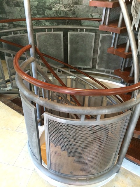 Perforated metal railing with wood handrail - Eclectic - Staircase ...