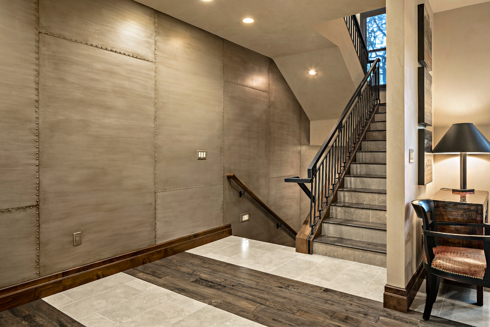 Design ideas for an urban wood u-shaped staircase in Phoenix with feature lighting.