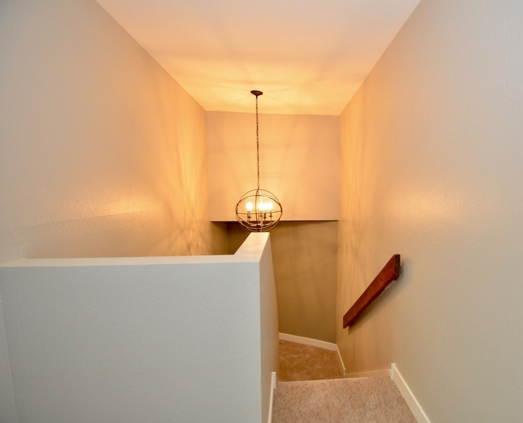 Свежая идея для дизайна: изогнутая лестница среднего размера в стиле ретро с ступенями с ковровым покрытием, ковровыми подступенками и деревянными перилами - отличное фото интерьера