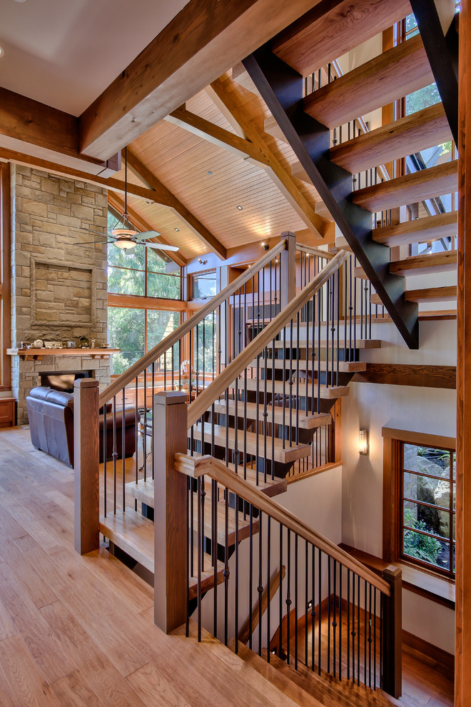 Inspiration for a rustic wood u-shaped staircase in Vancouver with open risers.