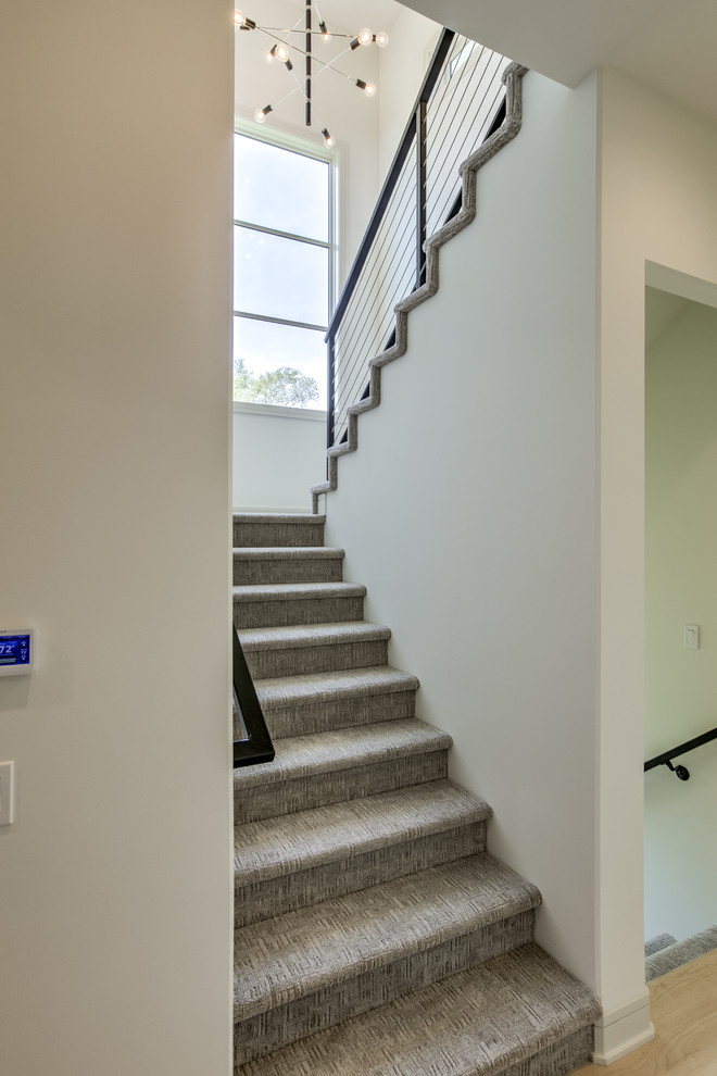 Идея дизайна: п-образная лестница в стиле модернизм с ступенями с ковровым покрытием, ковровыми подступенками и перилами из тросов