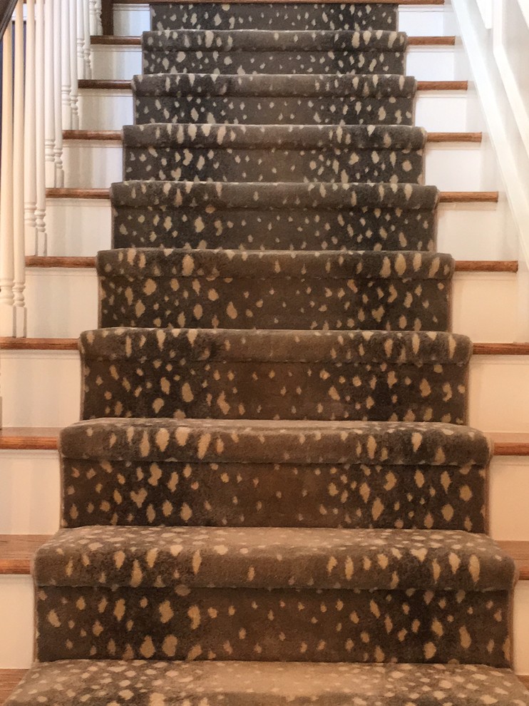Cette photo montre un escalier droit éclectique de taille moyenne avec des marches en bois et des contremarches en bois.