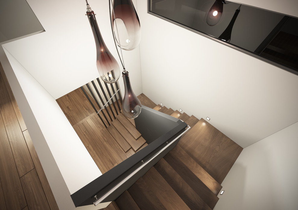 Modelo de escalera en U contemporánea de tamaño medio con escalones de madera y contrahuellas de madera