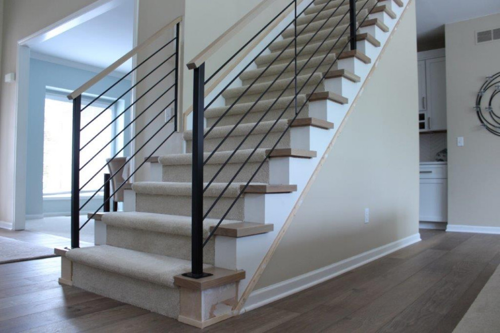 Exempel på en mellanstor modern rak trappa, med heltäckningsmatta, sättsteg med heltäckningsmatta och räcke i metall