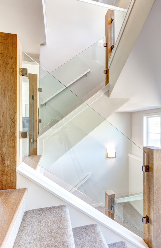 Cette photo montre un escalier tendance en U avec des marches en moquette et des contremarches en moquette.