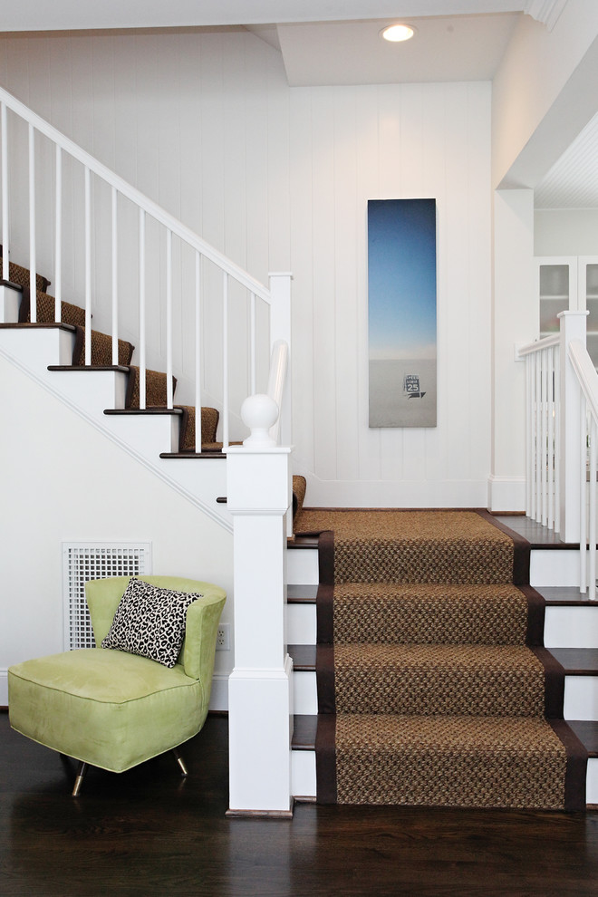 Inspiration for a nautical wood l-shaped staircase in Raleigh with painted wood risers.