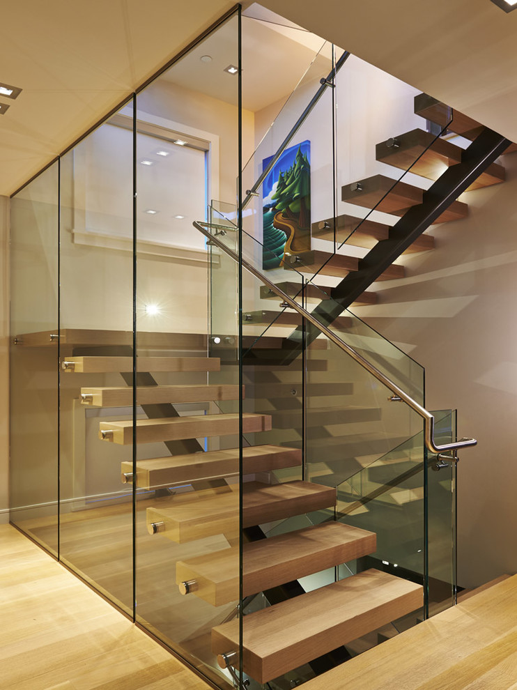 Modelo de escalera en U contemporánea sin contrahuella con escalones de madera