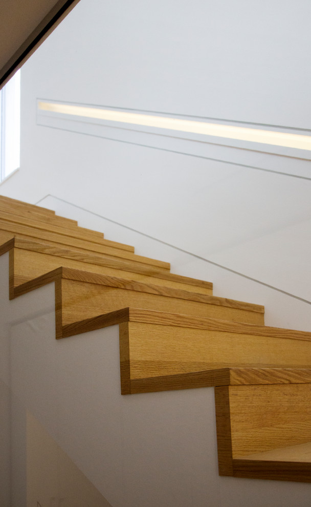 Immagine di una scala a rampa dritta minimalista con pedata in legno e alzata in vetro