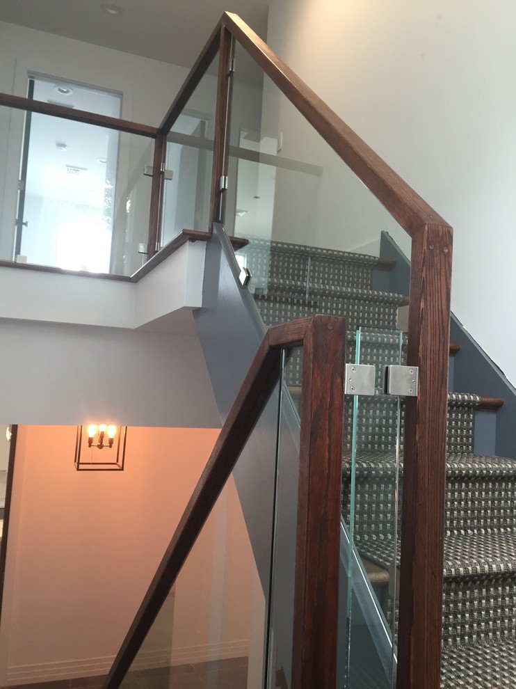 Пример оригинального дизайна: прямая лестница среднего размера в стиле лофт с ступенями с ковровым покрытием и ковровыми подступенками