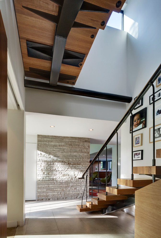 Staircase - contemporary wooden staircase idea in Dallas