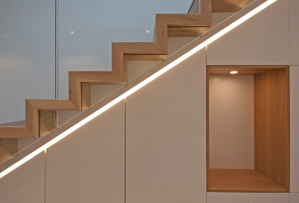 Стильный дизайн: прямая деревянная лестница среднего размера в современном стиле с деревянными ступенями и кладовкой или шкафом под ней - последний тренд
