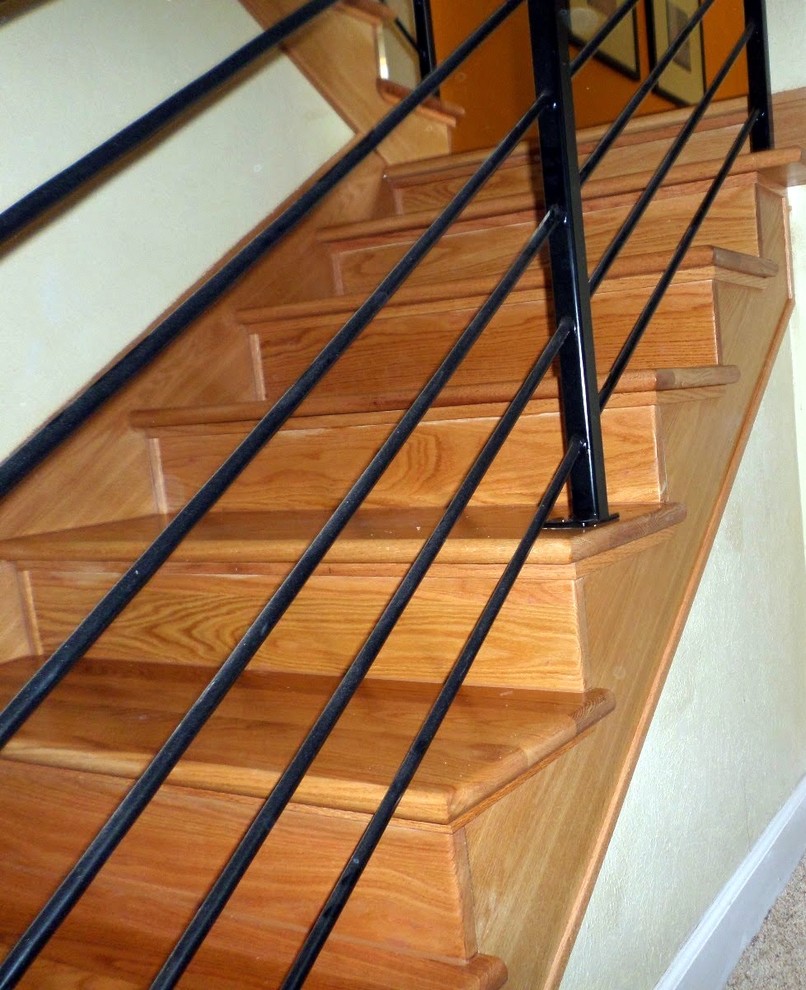 Red Oak Stair Case with Metal Railing Traditional Staircase