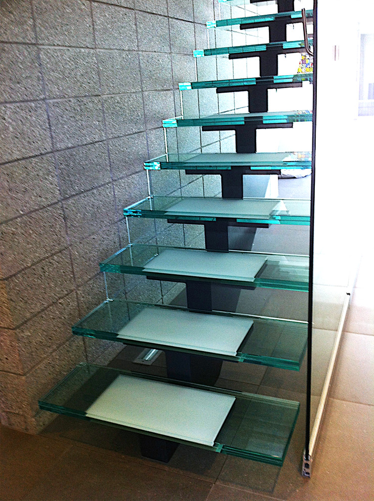 Mid-sized trendy glass floating open staircase photo in Auckland