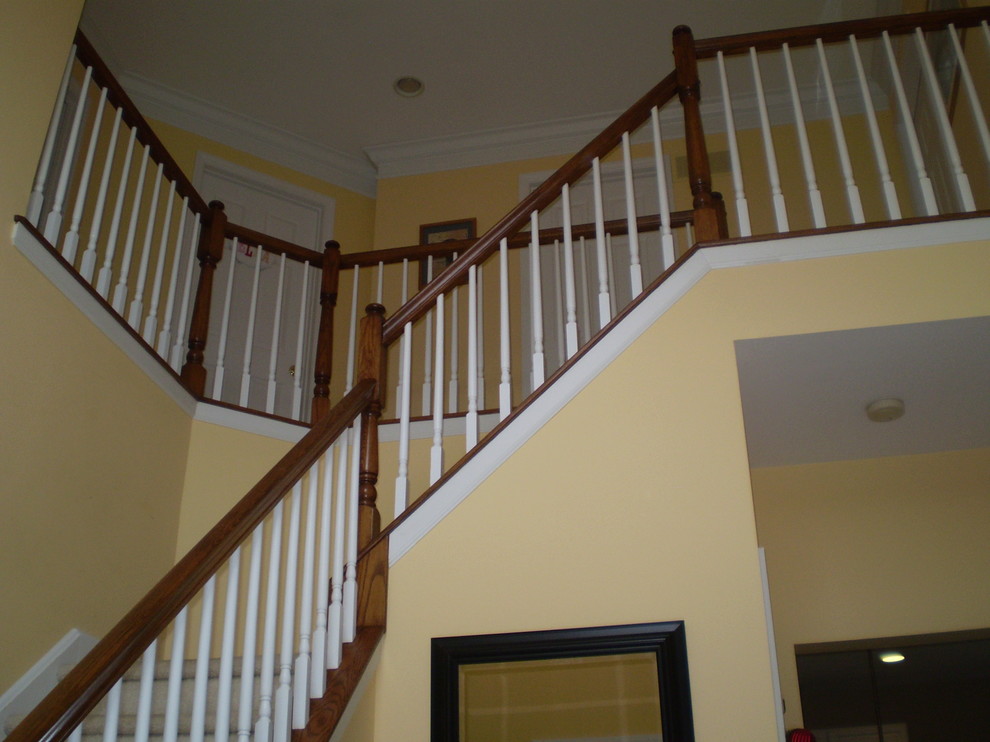 Mid-sized transitional carpeted l-shaped staircase photo in Philadelphia with carpeted risers