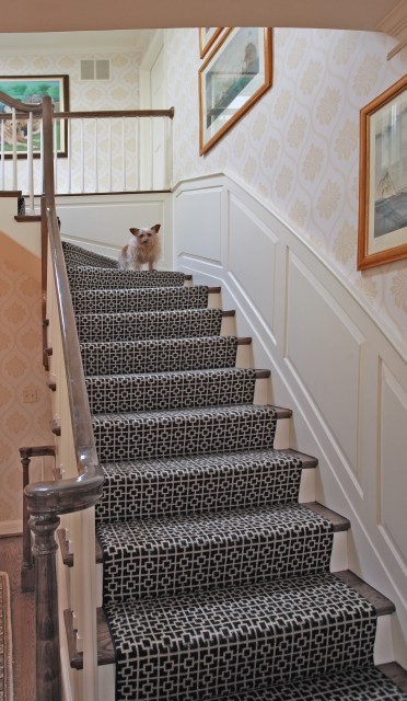 Photo of a medium sized traditional wood l-shaped staircase in DC Metro with carpeted risers.