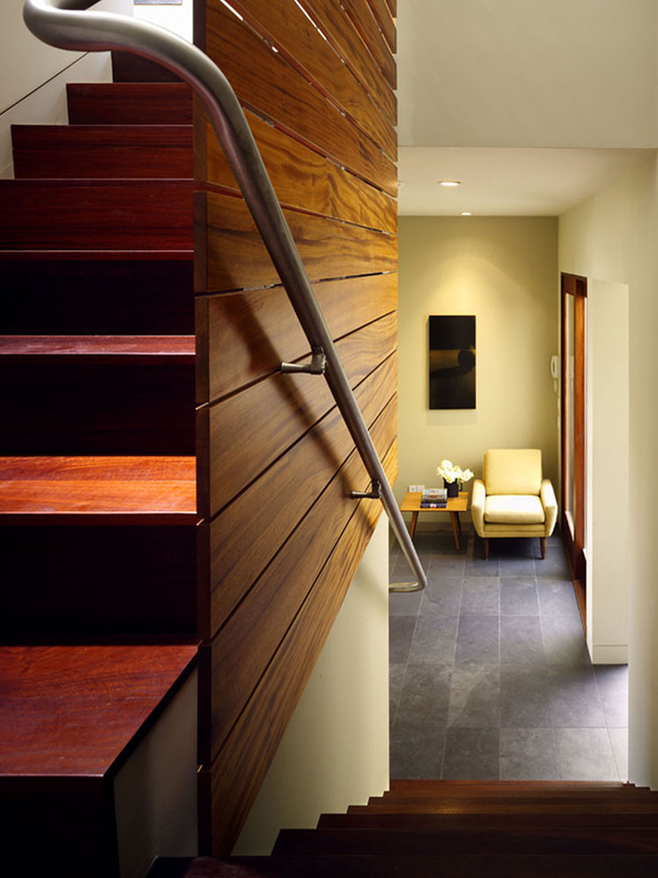 Mid-sized minimalist wooden straight staircase photo in San Francisco with wooden risers