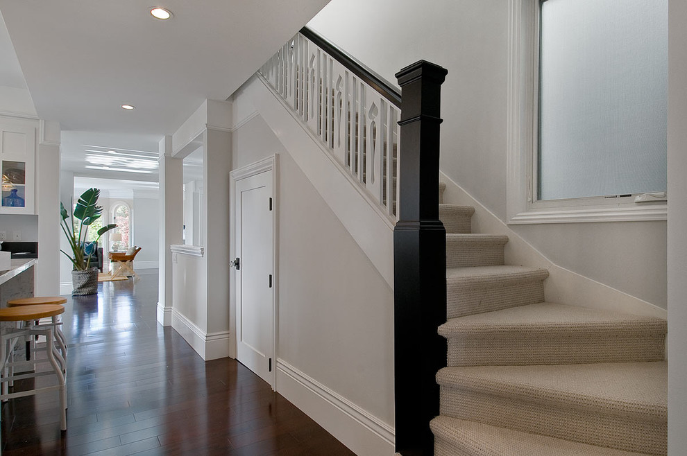 Cette image montre un grand escalier courbe design avec des marches en moquette et des contremarches en moquette.