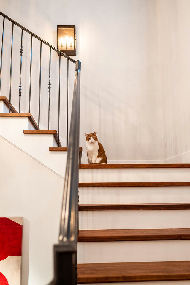 Ejemplo de escalera en U tradicional renovada grande con escalones de madera, contrahuellas de madera pintada y barandilla de metal