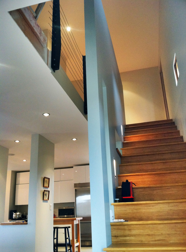 Inspiration for a mid-sized contemporary wooden straight staircase remodel in Other with wooden risers