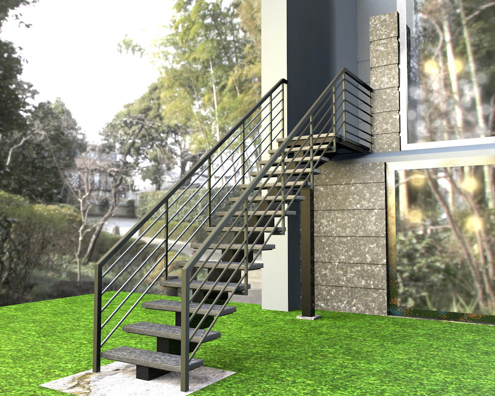 Imagen de escalera recta contemporánea pequeña sin contrahuella con escalones de piedra caliza y barandilla de metal