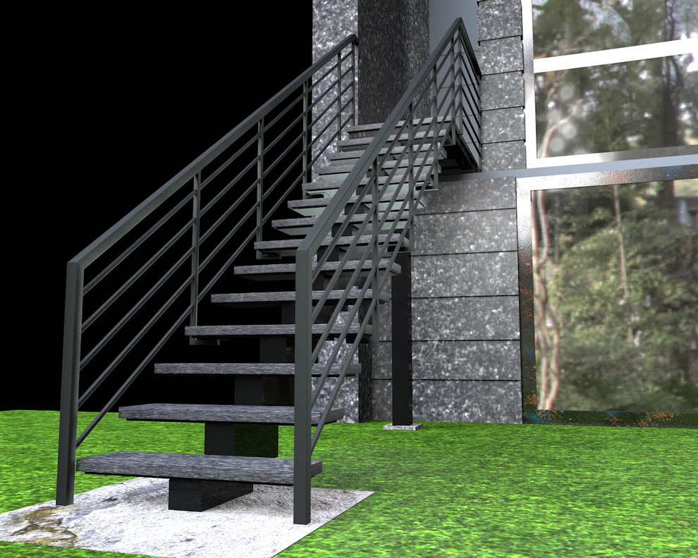 Ejemplo de escalera recta actual pequeña sin contrahuella con escalones de piedra caliza y barandilla de metal